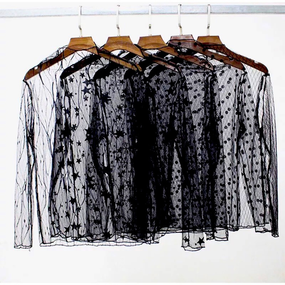 Mesh lace transparent shirt blouse long sleeve